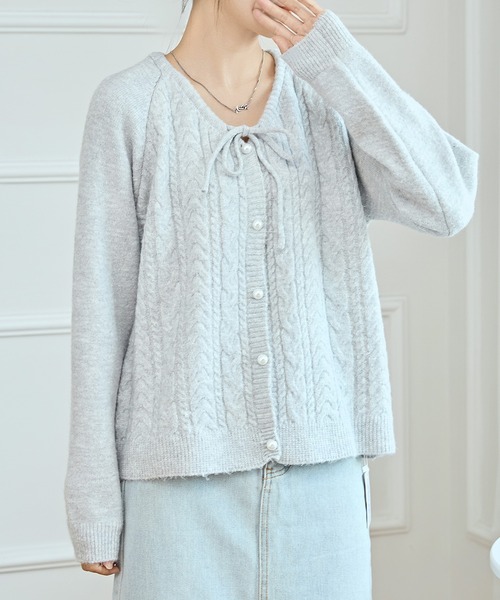 セール】ラウンドネック パールボタン リボン ニット カーディガン  