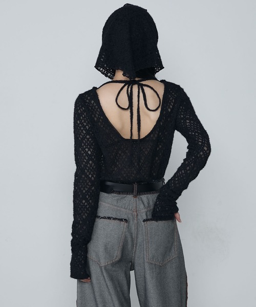 le ELMi（ルエルミ）の「Multiway brushed lace tops ＆ babushka scarf set / マルチウェイ 起毛レーストップス ＆ バブーシュカ スカーフ セット（Tシャツ/カットソー・レディース・アイボリー/ブラック・FREE）」の7枚目の写真