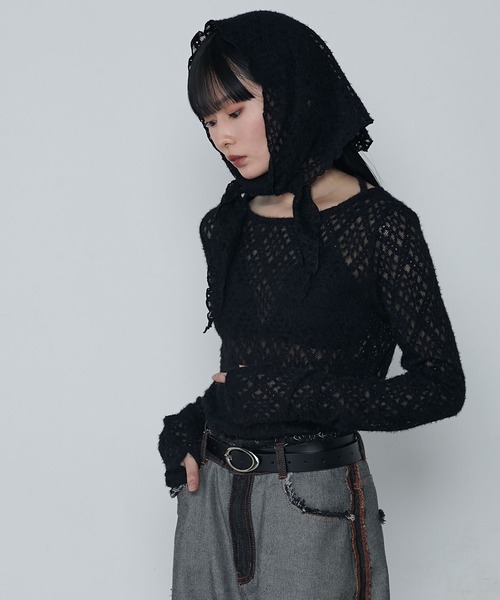 le ELMi（ルエルミ）の「Multiway brushed lace tops ＆ babushka scarf set / マルチウェイ 起毛レーストップス ＆ バブーシュカ スカーフ セット（Tシャツ/カットソー・レディース・アイボリー/ブラック・FREE）」の14枚目の写真