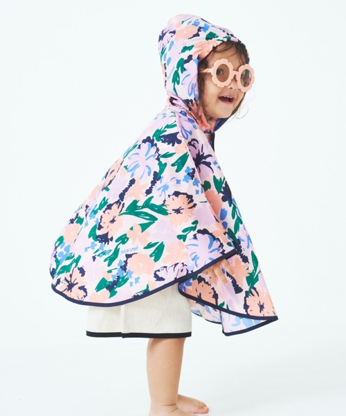 MR(まる)の「レトロフラワー・アートチェックレインポンチョ(レインコート/ポンチョ・キッズ・オレンジ/ピンク・M/S)」の2枚目の写真