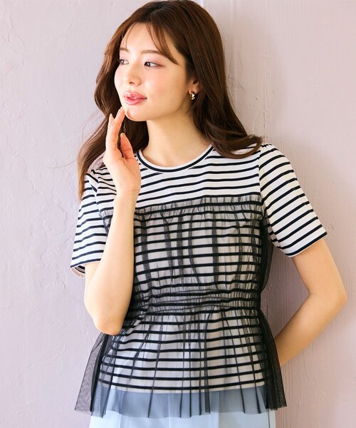 Feroux(フェルゥ)の「チュールコンビカットソー(Tシャツ/カットソー・レディース・ホワイト系1/ホワイト系/スカイブルー系/ピンク系・F)」の1枚目の写真