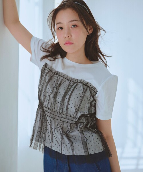 Feroux(フェルゥ)の「チュールコンビカットソー(Tシャツ/カットソー・レディース・ホワイト系1/ホワイト系/スカイブルー系/ピンク系・F)」の6枚目の写真