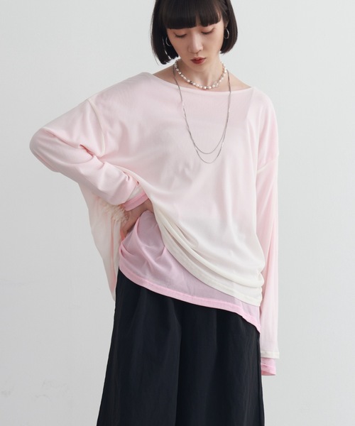 PURE BRIGHT（ピュアブライト）の「ドロストデザインシアーレイヤードトップス（Tシャツ/カットソー・レディース・ブラック/アイボリー・FREE）」の4枚目の写真