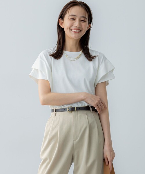 組曲 L(クミキョク オオキイサイズ)の「GIZAコットンドルマンスリーブ Tシャツ(Tシャツ/カットソー・レディース・ブラック系/ブラック系1/アイボリー系/スモーキーグリーン系/ネイビー×ホワイト/ネイビー・5/6/7)」の12枚目の写真