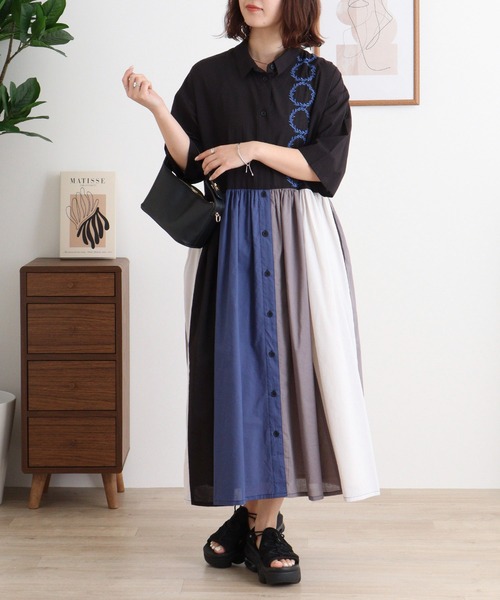 Emago リース刺繍切替えワンピース　ブラック EMAGO リース刺繍切替えワンピース（ワンピース）｜Emago