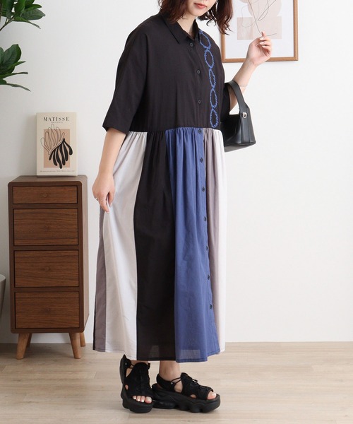 Emago リース刺繍切替えワンピース　ブラック EMAGO リース刺繍切替えワンピース（ワンピース）｜Emago