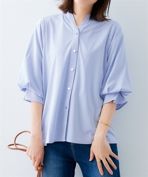 7days Life Styling(セブンデイズライフスタイリング)の「カットソー素材 メタルボタンタックスリーブシャツ(シャツ/ブラウス・レディース・オフホワイト/ブルー系/ネイビー・S/M/L/LL)」の12枚目の写真