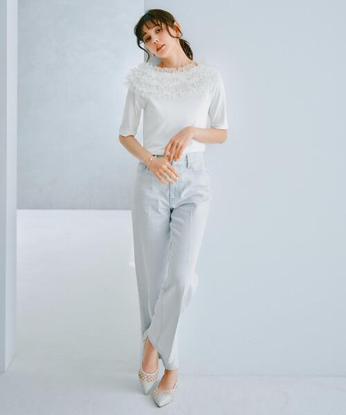 セール】《美人百花掲載》チュールフリルリブトップス【洗濯機洗い可