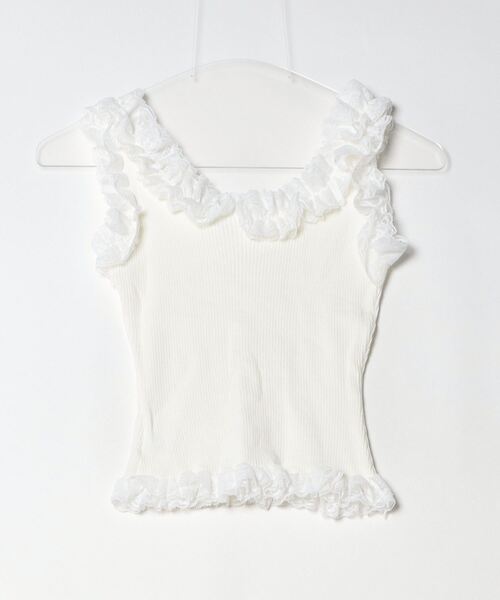 gossip!ロサンゼルス(ゴシップロサンゼルス)の「Y2K風 レースフリルリブニットトップス(Tシャツ/カットソー・レディース・ブラック/オフホワイト/グレー/ベージュ/ブラウン・FREE)」の6枚目の写真