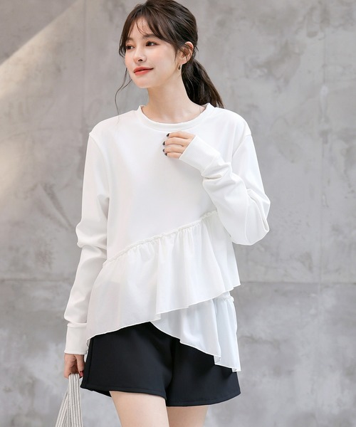 TeddyShop（テディショップ）の「【紫外線遮蔽率 99.9%以上】 レディース水着 長袖ダブルペプラムフリルラッシュガード+ハーフパンツ 上下2点セット 水陸両用 体型カバー（ラッシュガード・レディース・ホワイト/ブルーグレー/ブラック・LL/S/M/L）」の2枚目の写真