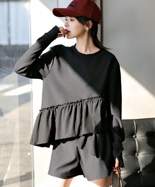 TeddyShop（テディショップ）の「【紫外線遮蔽率 99.9%以上】 レディース水着 長袖ダブルペプラムフリルラッシュガード+ハーフパンツ 上下2点セット 水陸両用 体型カバー（ラッシュガード・レディース・ホワイト/ブルーグレー/ブラック・LL/S/M/L）」の11枚目の写真