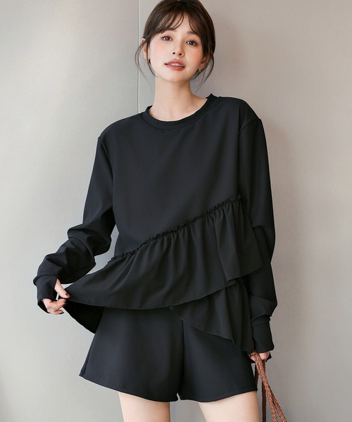 TeddyShop（テディショップ）の「【紫外線遮蔽率 99.9%以上】 レディース水着 長袖ダブルペプラムフリルラッシュガード+ハーフパンツ 上下2点セット 水陸両用 体型カバー（ラッシュガード・レディース・ホワイト/ブルーグレー/ブラック・LL/S/M/L）」の12枚目の写真