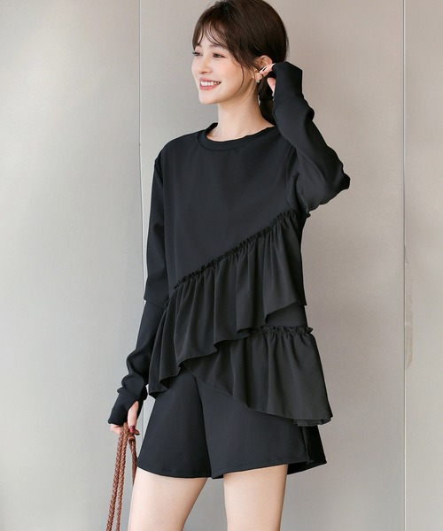 TeddyShop（テディショップ）の「【紫外線遮蔽率 99.9%以上】 レディース水着 長袖ダブルペプラムフリルラッシュガード+ハーフパンツ 上下2点セット 水陸両用 体型カバー（ラッシュガード・レディース・ホワイト/ブルーグレー/ブラック・LL/S/M/L）」の13枚目の写真