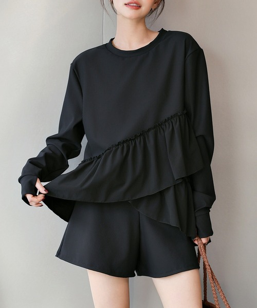 TeddyShop（テディショップ）の「【紫外線遮蔽率 99.9%以上】 レディース水着 長袖ダブルペプラムフリルラッシュガード+ハーフパンツ 上下2点セット 水陸両用 体型カバー（ラッシュガード・レディース・ホワイト/ブルーグレー/ブラック・LL/S/M/L）」の14枚目の写真