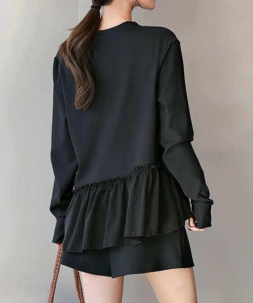 TeddyShop（テディショップ）の「【紫外線遮蔽率 99.9%以上】 レディース水着 長袖ダブルペプラムフリルラッシュガード+ハーフパンツ 上下2点セット 水陸両用 体型カバー（ラッシュガード・レディース・ホワイト/ブルーグレー/ブラック・LL/S/M/L）」の15枚目の写真