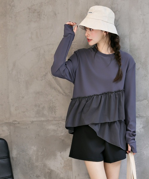 TeddyShop（テディショップ）の「【紫外線遮蔽率 99.9%以上】 レディース水着 長袖ダブルペプラムフリルラッシュガード+ハーフパンツ 上下2点セット 水陸両用 体型カバー（ラッシュガード・レディース・ホワイト/ブルーグレー/ブラック・LL/S/M/L）」の19枚目の写真