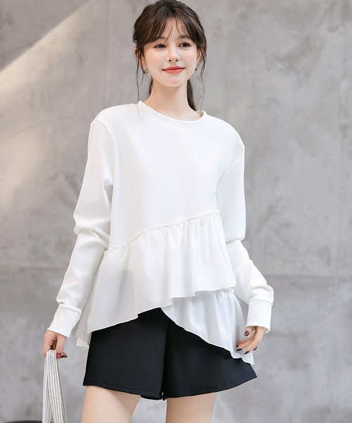 TeddyShop（テディショップ）の「【紫外線遮蔽率 99.9%以上】 レディース水着 長袖ダブルペプラムフリルラッシュガード+ハーフパンツ 上下2点セット 水陸両用 体型カバー（ラッシュガード・レディース・ホワイト/ブルーグレー/ブラック・LL/S/M/L）」の6枚目の写真