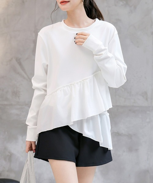 TeddyShop（テディショップ）の「【紫外線遮蔽率 99.9%以上】 レディース水着 長袖ダブルペプラムフリルラッシュガード+ハーフパンツ 上下2点セット 水陸両用 体型カバー（ラッシュガード・レディース・ホワイト/ブルーグレー/ブラック・LL/S/M/L）」の7枚目の写真