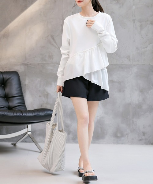 TeddyShop（テディショップ）の「【紫外線遮蔽率 99.9%以上】 レディース水着 長袖ダブルペプラムフリルラッシュガード+ハーフパンツ 上下2点セット 水陸両用 体型カバー（ラッシュガード・レディース・ホワイト/ブルーグレー/ブラック・LL/S/M/L）」の10枚目の写真