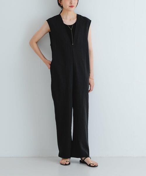 セール】『2サイズ展開』リネンライク深Vネックオールインワン