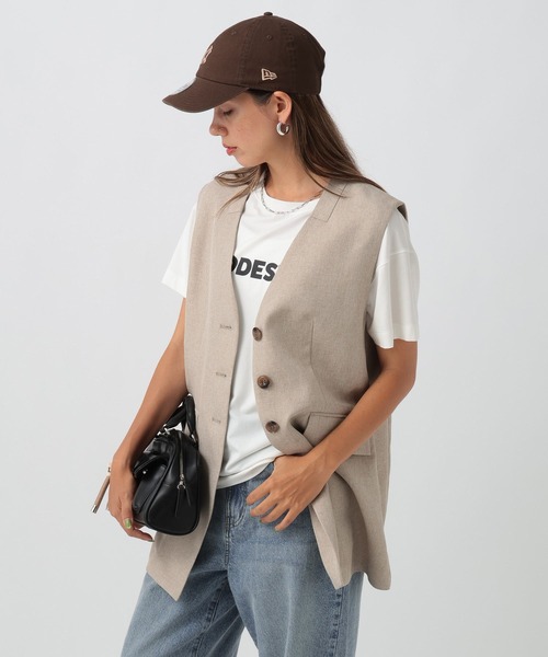 na.e ベージュ ノースリーブベスト セール】リネンライクノーカラーノースリーブベスト（ベスト