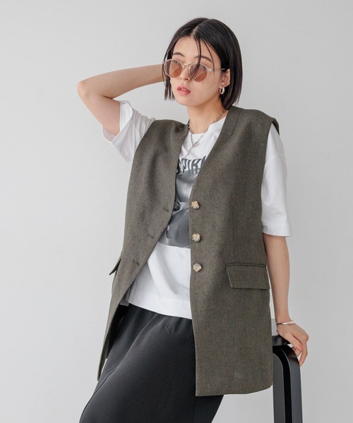 BAYFLOW（ベイフロー）の「リネンライクノーカラーノースリーブベスト（ベスト・レディース・レンガ/チャコール/ベージュ・FREE）」の7枚目の写真