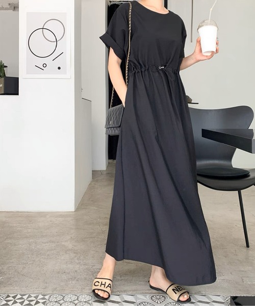 ラウンドネック ウエストマーク半袖ワンピース（ワンピース）｜CHUL