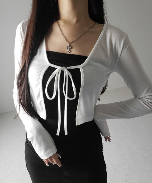 me+em select(ミームセレクト)の「※【 2color 】フロントリボンカットソーショートカーディガン / front ribbon cutsew short cardigan(カーディガン/ボレロ・レディース・ブラック/ホワイト・FREE)」の9枚目の写真