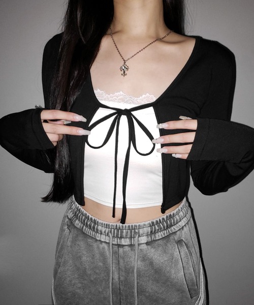 me+em select(ミームセレクト)の「※【 2color 】フロントリボンカットソーショートカーディガン / front ribbon cutsew short cardigan(カーディガン/ボレロ・レディース・ブラック/ホワイト・FREE)」の10枚目の写真