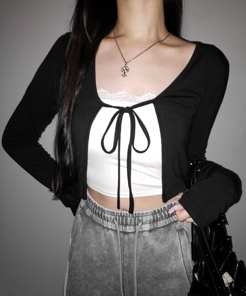 me+em select(ミームセレクト)の「※【 2color 】フロントリボンカットソーショートカーディガン / front ribbon cutsew short cardigan(カーディガン/ボレロ・レディース・ブラック/ホワイト・FREE)」の12枚目の写真