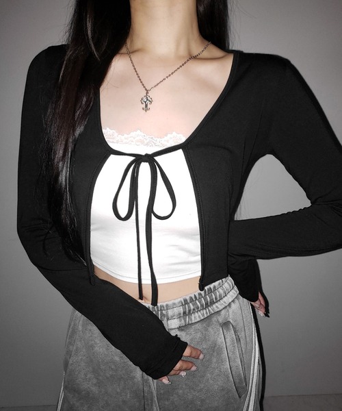 me+em select(ミームセレクト)の「※【 2color 】フロントリボンカットソーショートカーディガン / front ribbon cutsew short cardigan(カーディガン/ボレロ・レディース・ブラック/ホワイト・FREE)」の13枚目の写真