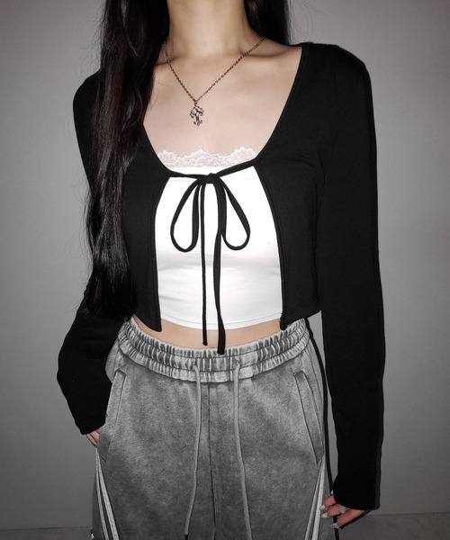 me+em select(ミームセレクト)の「※【 2color 】フロントリボンカットソーショートカーディガン / front ribbon cutsew short cardigan(カーディガン/ボレロ・レディース・ブラック/ホワイト・FREE)」の11枚目の写真