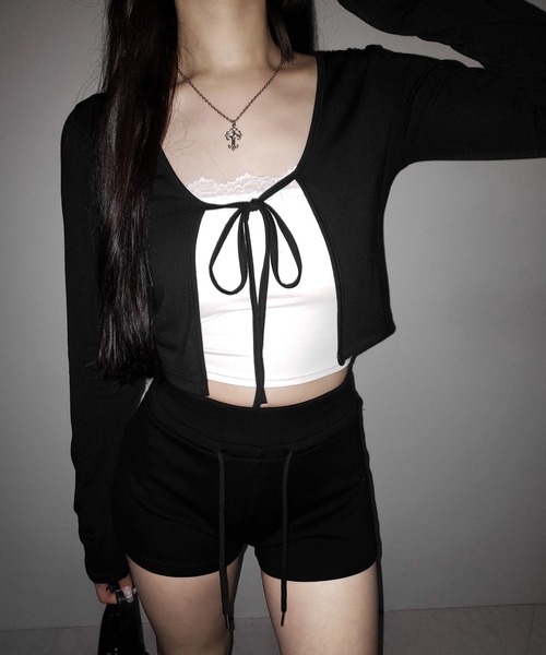 me+em select(ミームセレクト)の「※【 2color 】フロントリボンカットソーショートカーディガン / front ribbon cutsew short cardigan(カーディガン/ボレロ・レディース・ブラック/ホワイト・FREE)」の19枚目の写真