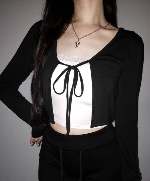 me+em select(ミームセレクト)の「※【 2color 】フロントリボンカットソーショートカーディガン / front ribbon cutsew short cardigan(カーディガン/ボレロ・レディース・ブラック/ホワイト・FREE)」の14枚目の写真