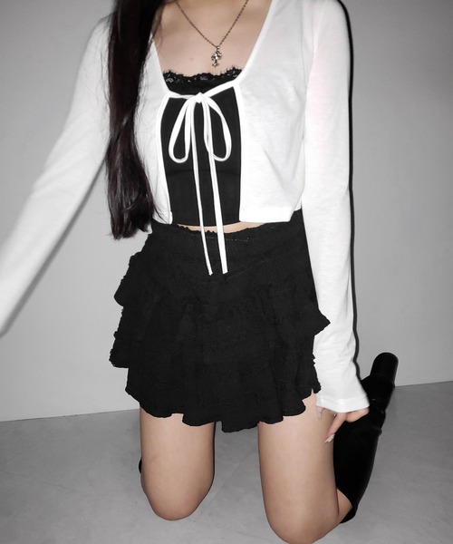 me+em select(ミームセレクト)の「※【 2color 】フロントリボンカットソーショートカーディガン / front ribbon cutsew short cardigan(カーディガン/ボレロ・レディース・ブラック/ホワイト・FREE)」の21枚目の写真