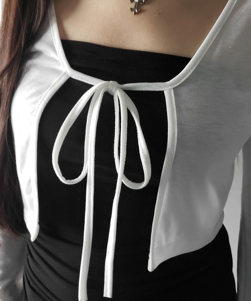 me+em select(ミームセレクト)の「※【 2color 】フロントリボンカットソーショートカーディガン / front ribbon cutsew short cardigan(カーディガン/ボレロ・レディース・ブラック/ホワイト・FREE)」の4枚目の写真