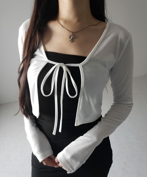 me+em select(ミームセレクト)の「※【 2color 】フロントリボンカットソーショートカーディガン / front ribbon cutsew short cardigan(カーディガン/ボレロ・レディース・ブラック/ホワイト・FREE)」の5枚目の写真