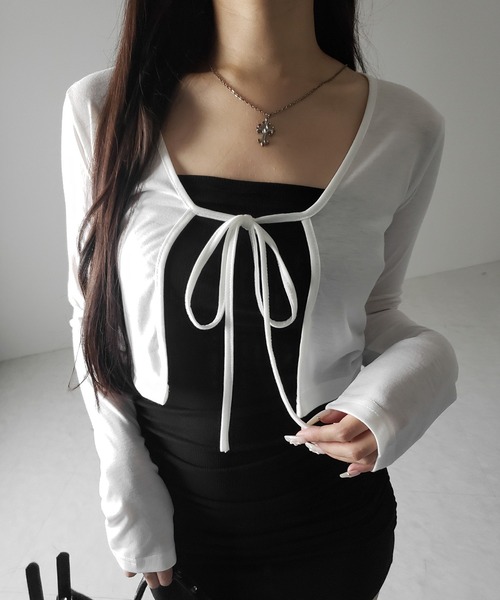 me+em select(ミームセレクト)の「※【 2color 】フロントリボンカットソーショートカーディガン / front ribbon cutsew short cardigan(カーディガン/ボレロ・レディース・ブラック/ホワイト・FREE)」の8枚目の写真