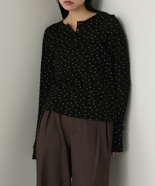 セール】【forksy.】ドット柄ヘンリーネックジャガードトップス（T