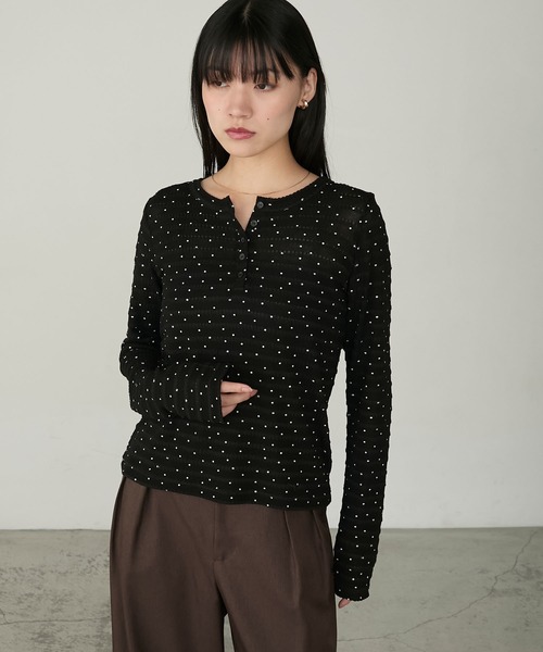 セール】【forksy.】ドット柄ヘンリーネックジャガードトップス（T