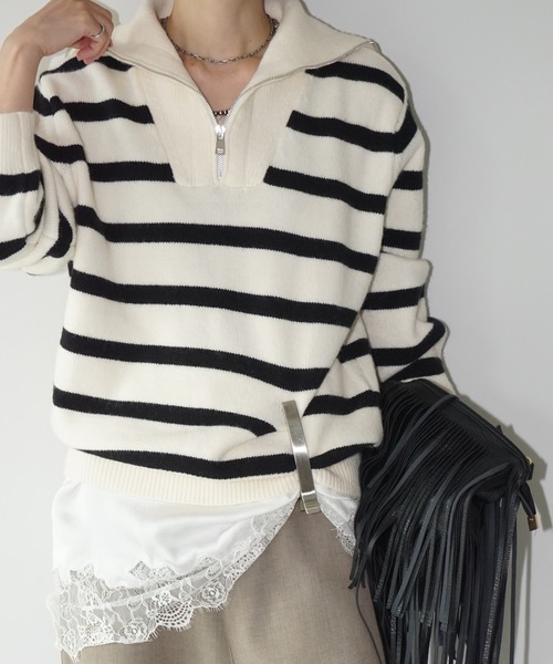ハーフジップ ボーダーオーバーニット chw25a045-ファッション
