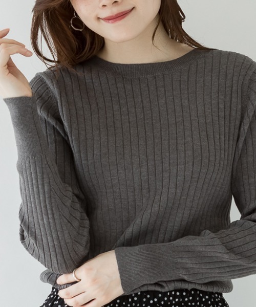 RCD(アールシーディー)の「ラウンドネックリブニット(ニット/セーター・レディース・オフホワイト/バーガンディー/ブラック/グレイッシュベージュ/杢グレー/ダークグリーン・LL~3L/4L~5L/M-L)」の1枚目の写真