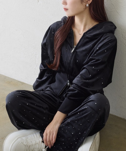 セール】【セットアップ対応】ビジューショートパーカー