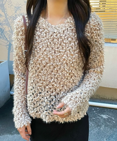 Lace Ladies（レースレディース）の「モチーフ編み クルーネック 長袖 ニット プルオーバー（ニット/セーター・レディース・グレー/グレイッシュベージュ/アイボリー・FREE）」の3枚目の写真