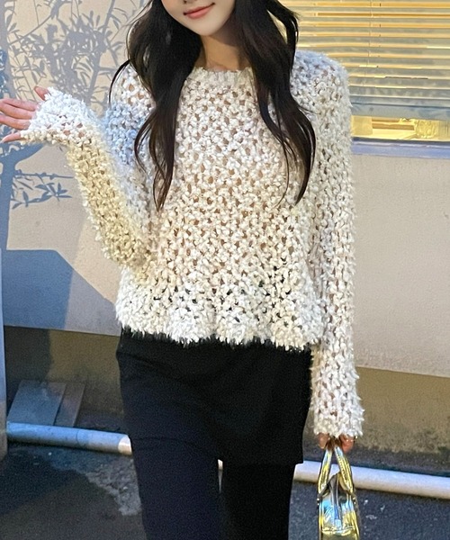 Lace Ladies（レースレディース）の「モチーフ編み クルーネック 長袖 ニット プルオーバー（ニット/セーター・レディース・グレー/グレイッシュベージュ/アイボリー・FREE）」の13枚目の写真