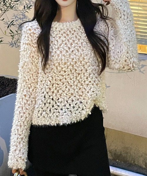 Lace Ladies（レースレディース）の「モチーフ編み クルーネック 長袖 ニット プルオーバー（ニット/セーター・レディース・グレー/グレイッシュベージュ/アイボリー・FREE）」の14枚目の写真