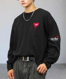 刺繍 長袖 Tシャツ ハート 黒猫 バルーン グラフィック Tシャツ