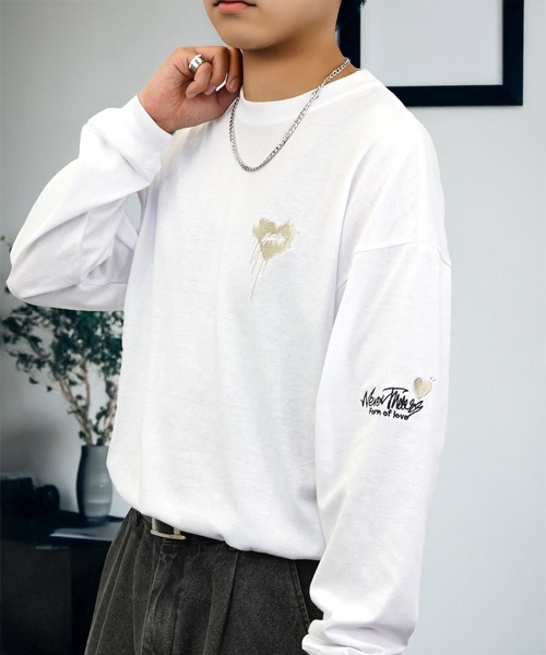 セール】刺繍 長袖 Tシャツ ハート 黒猫 バルーン グラフィック