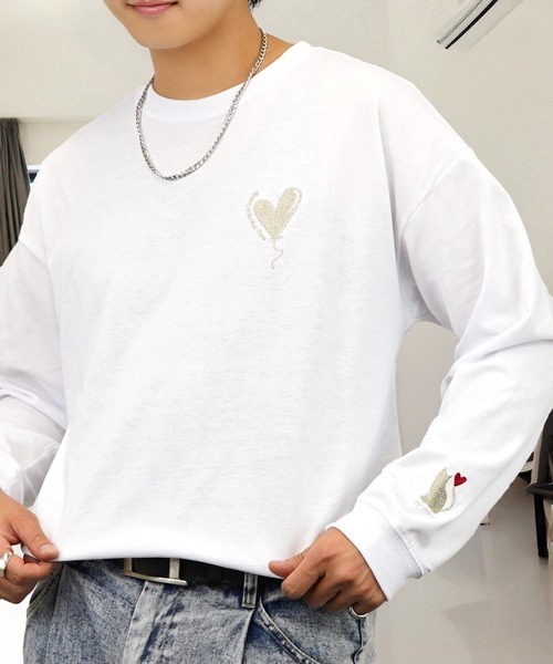 セール】刺繍 長袖 Tシャツ ハート 黒猫 バルーン グラフィック T