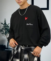 L'atelier（ラトリエ）の「刺繍 長袖 Tシャツ ハート 黒猫 バルーン グラフィック Tシャツ（Tシャツ/カットソー）」